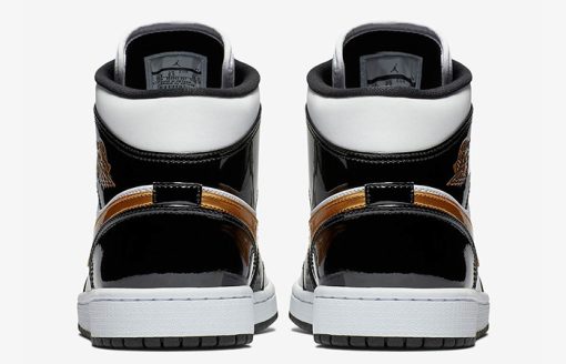 Jordan 1 Mid Patent Black White Gold